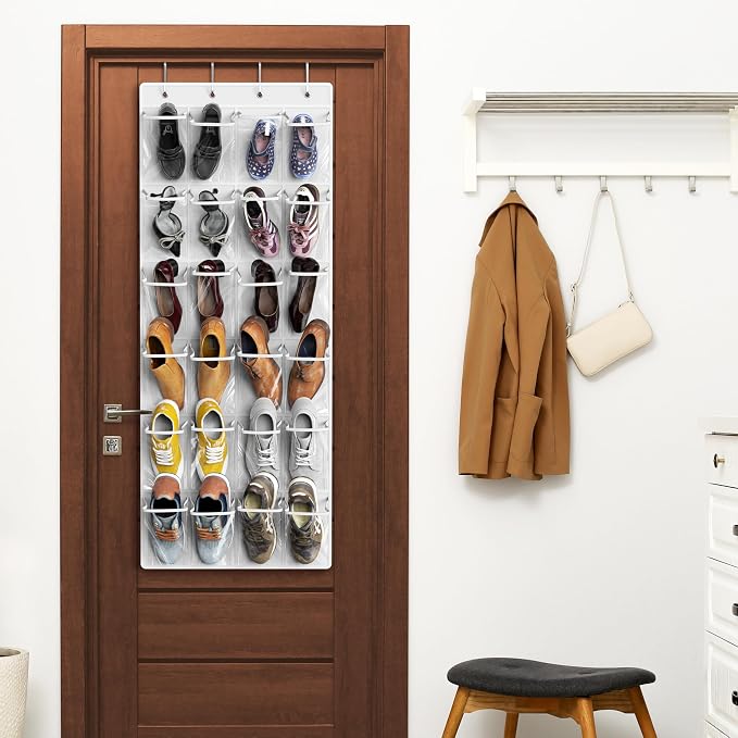 Simple Houseware 24 Pockets Large Clear Over the Door Shoe Organizer, White | 56" x 22.5", 4 Durable Metal Hooks, 5" x 9" Pocket Size, Multipurpose