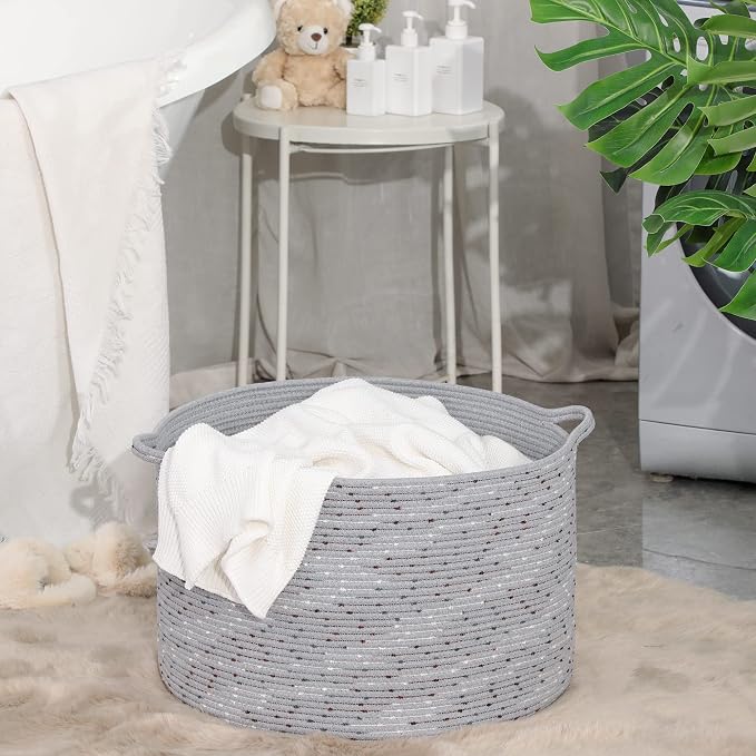 KAKAMAY Large Blanket Basket (20"x13"),Woven Baskets for storage Baby Laundry Hamper, Cotton Rope Blanket Basket for Living Room, Laundry, Nursery, Pillows, Grey with Blue & Brown Dotted | Extra Large Capacity | Natural Cotton Rope | Blanket Storage | ...