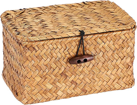 Hipiwe Seagrass Basket Key Holder Box for Entryway Tabletop Desk Organizer with Lid Handwoven Wicker Storage Bin for Hair Ties Candy, Whitewash 6.1" x 4" x 3.3"