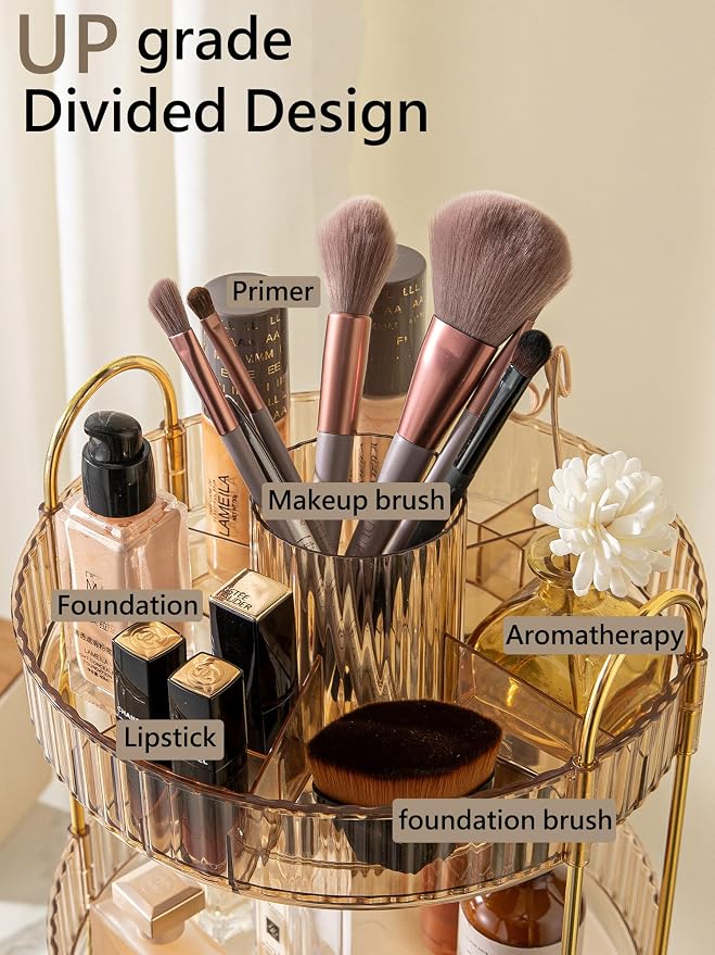 Asayuee 360 Rotating Makeup Organizer,2 Tier Large Capacity Make Up Organizers and Storage,Skincare Perfume Vanity Organizers,Bathroom Cosmetics Storage Organizer Countertop(Gold)