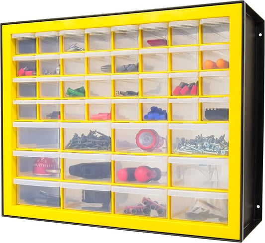 IRIS Plastic Hardware Storage Drawer, 44 Drawer Parts Cabinet - Yellow | Wall-mountable, Stackable, Building Bricks, Screws, Nuts & Bolts, Hardware, Garage Tool Storage
