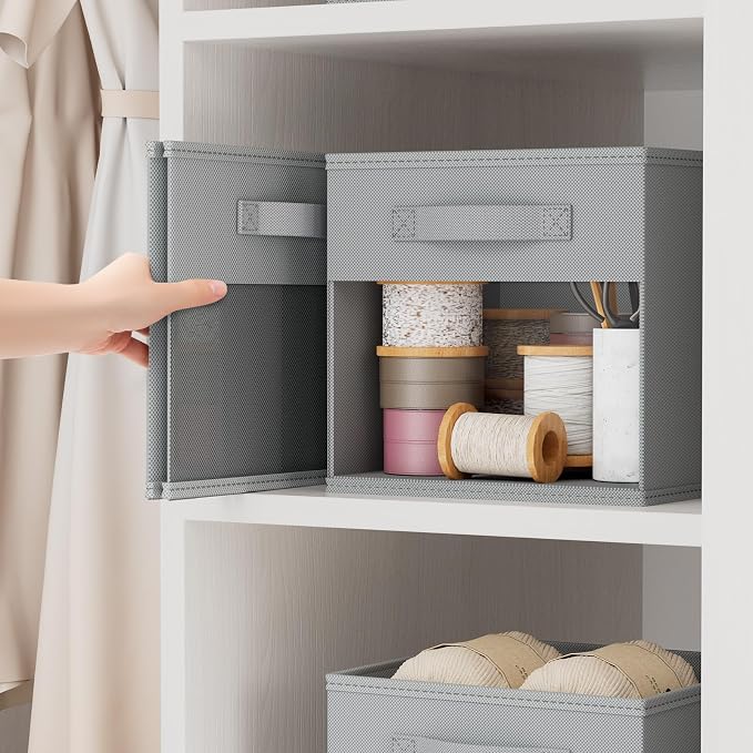 DIMJ Storage Cubes, 12 Pack Cube Storage Bin, Foldable Cube Organizer Storage Bins with Window, Closet Storage Bins with Handle, 11 x 11 inch for Clothes, Toys, Books (Grey)