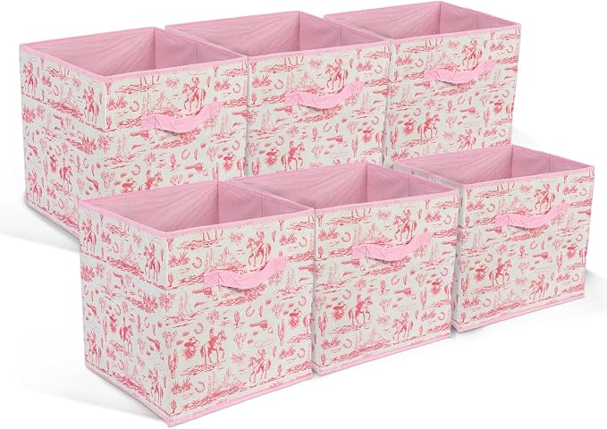 6 Pcs Pink Western Cube Storage Bins 12.5 Inch Cowgirl Storage Basket with Handle, Preppy Girls Organizer Basket, Collapsible Fabric Box for Classroom Bedrooms Office Home Decoration (Pink western)