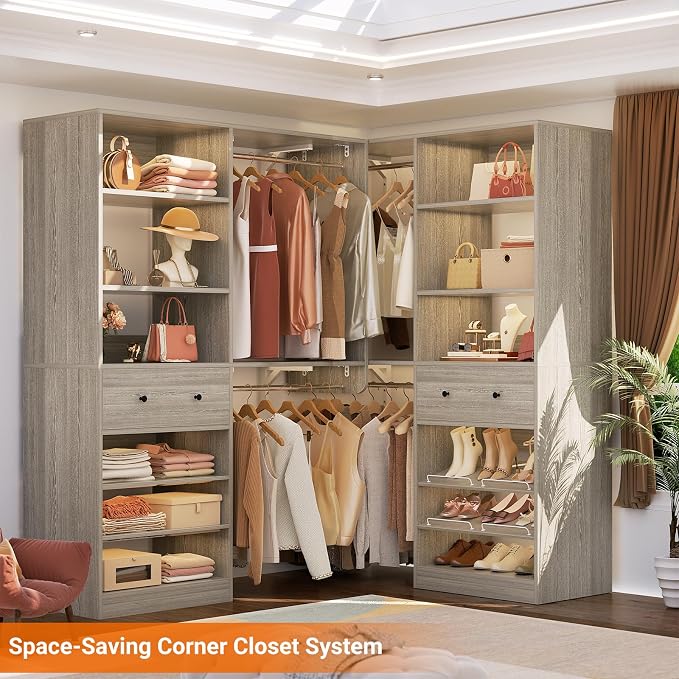[10 FT Closet System] 120 Inch Reversible Set of 2 Wood Closet Organizer System with 2 Drawers, 4 Hanging Rods Adjustable Shelf, Walk In Closet Organizers with Shoe Rack, Garment Rack, White Oak