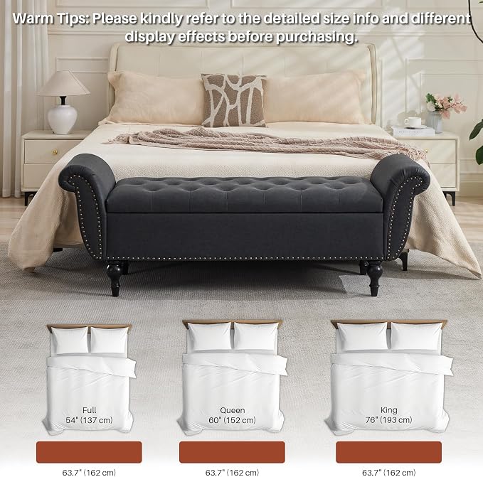 Storage Ottoman Bench, 64" Faux Leather End of Bed Bench, Black | Tufted Button Window Bench with Safety Hinge Hidden Storage Space Faux Leather Ottoman Bench for Bedroom Living Room Entryway