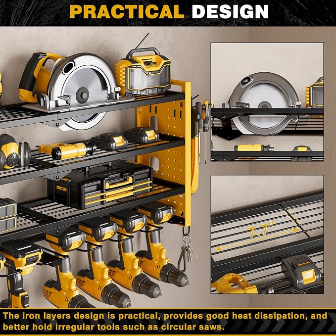NattyDot Power Tool Drill Holder Wall Mount, 4Tier Garage Organizer, Yellow | 4-tier Utility Rack Stores 8 Cordless Drills, Batteries and Accessories while Freeing Extra Garage Wall Storage Space