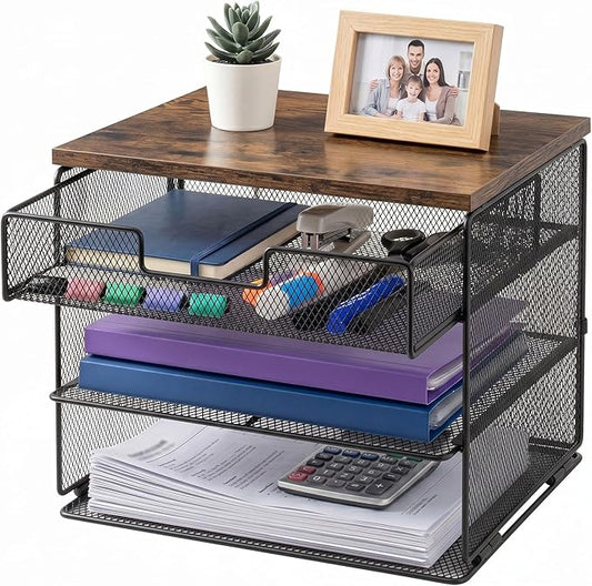 4-Tier Mesh Desk Organizer and Accessories with Drawer Wooden Top Desktop Organizers Letter Tray Paper Organizer File Holder for Home Office School Black