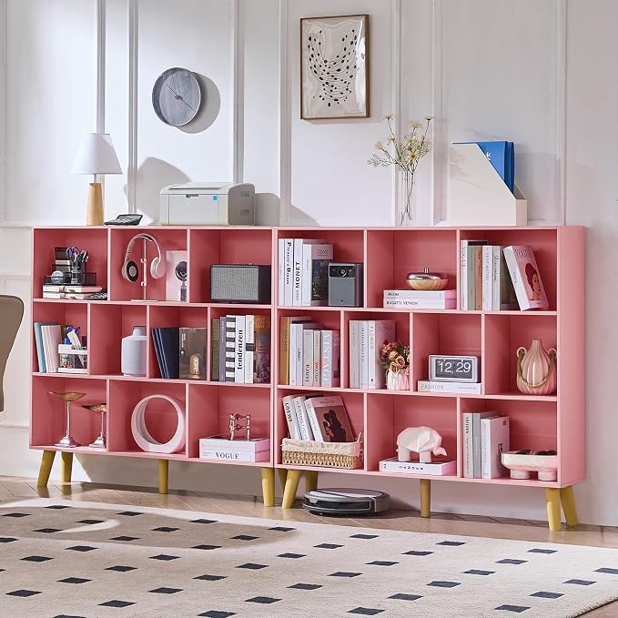 LEYAOYAO 10 Cube Bookshelf,Mid-Century Modern Bookcase with Legs,Light Pink | 3 Tier Book Shelf,Rustic Wood Bookshelves Freestanding Large Storage Organizer, Open Shelves for Bedroom, Living Room, Office