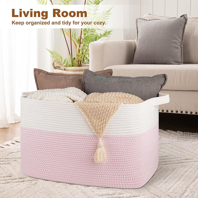 OIASKET 108L Cotton Rope Storage Basket for Living Room and Bedroom 25"x16"x16" Woven Laundry Basket, Heavy Duty Bin for Blankets, Pillows & Toys, Pet-Safe & Scratch-Free, Pink and White