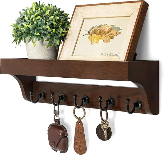 Walnut Wood Key Holder Wall Mount for Room Decor and Organization, Brown | Key Holder for Wall with Shelf for Plants & Cute Things,5 Sturdy Key Hooks,Can Also Hang Dog Leashes,Ideal for Home Decor
