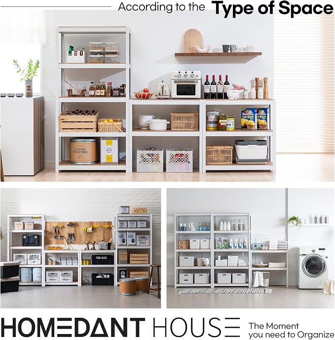 House White 48.1" W 5 Tier Storage Shelves Garage Shelving Unit | Adjustable boltless metal shelving for pantry, closet, kitchen, basement, garage and warehouse