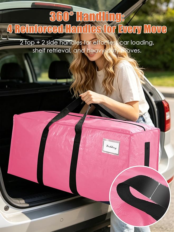 SWEET DOLPHIN 12 Pack 200LB Heavy-Duty Moving Bags with Wrap-Around Handles, Extra Large Storage Totes for Space Saving, Clothes Storage Bags, College Dorm Essentials, Pink, 24 Gal