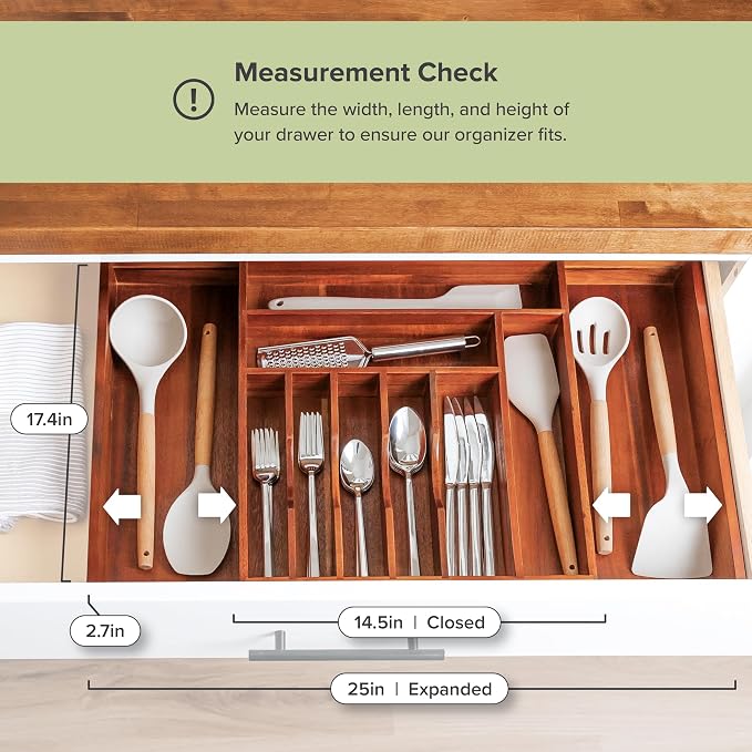 KitchenEdge Silverware & Utensil Drawer Organizer, 14.5-25 in, Acacia | Cutlery, flatware, food-safe contract grade, kitchen drawer fit