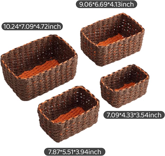 4PCS Woven Storage Baskets Set, Small Baskets for Organizing, Square Handwoven Paper Rope Organizer Bins for Shelves and Home Storage (Brown & Orange)