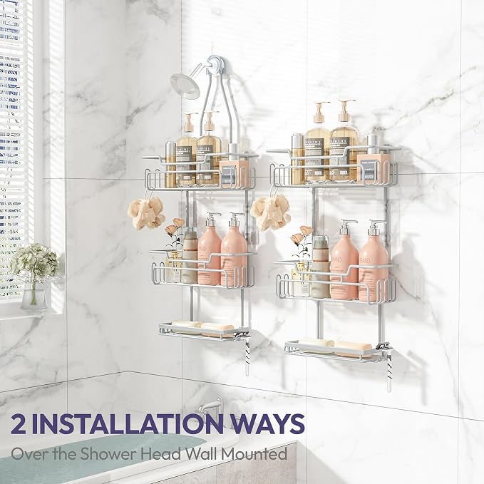SWTYMIKI Bathroom Shower Caddy Hanging - 3 Tier Rustproof Over Shower Head Organizer, No Drilling Bathroom Shelf with 16 Hooks & Soap Holder, Anti-Swing Rack for Shampoo,Sponge,Towel, Silver, Medium