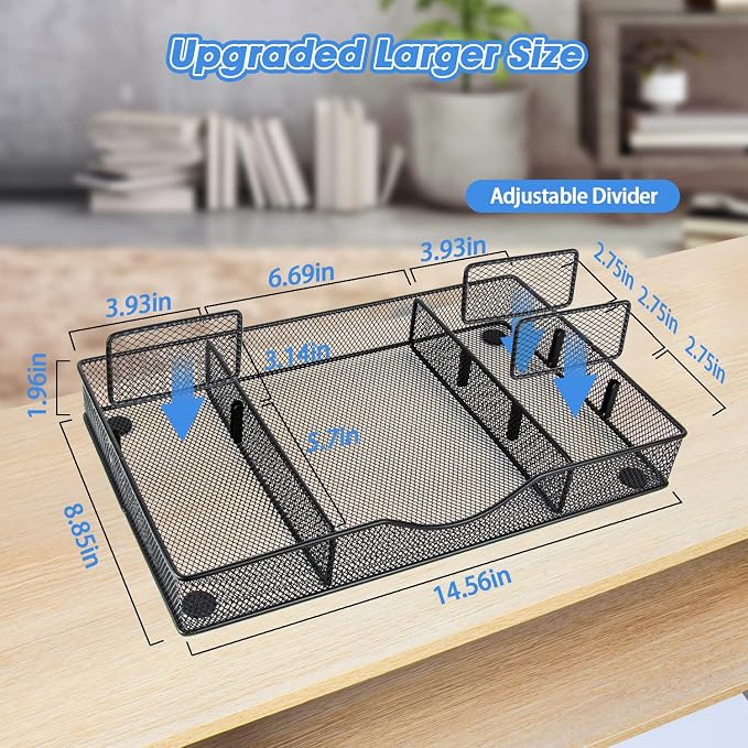 VyGrow Desk Drawer Organizer, Metal Mesh Drawer Organizer Tray with 6 Adjustable Compartment, Tray Organizer for Desktop, Kitchen, Bathroom, Makeup, Vanity - 14.5x8.8x1.96 inch, Black, 1PC Large