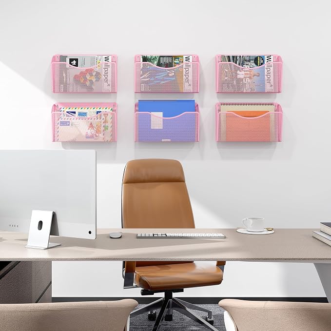 EasyPAG Wall File Organizer 3 Pack, Hanging File Organizer Wall Mount, Metal Mesh Folder Holder for Letter/A4 Papers, Mail Sorter for Office, Classroom, Home, Pink