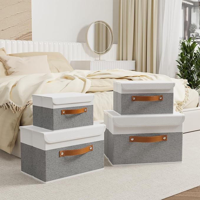 OUTBROS Storage Bins with Lids, White/Grey, 5 Pack 10.2 x 7.9 x 6.7in | Collapsible Storage Boxes, Cotton and linen cloth Storage Baskets with Handle, for Books, Closet