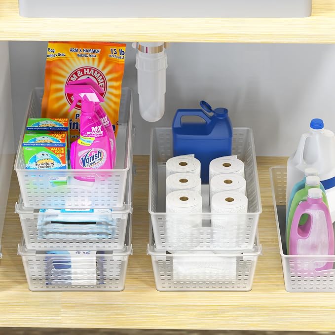 Simple Houseware Stackable Plastic Woven Basket Organizer, 6 Pack, Clear | 14.5" D x 8.5" W x 3.5" H