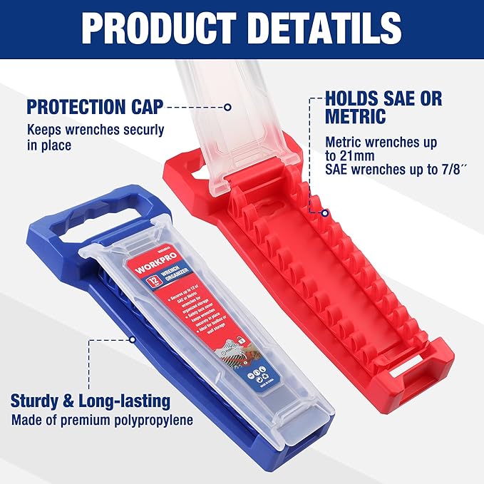 WORKPRO 2-Piece Wrench Organizer, 24-Slot Wrench Holder Set with Lock Cover | Plastic Wrench Storage Metric & SAE Compatibility (Up to 19mm or 7/8), Premium Quality Tool Trays with Carrying Handle