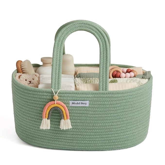Blissful Diary Baby Diaper Caddy Organizer, Cotton Rope Diaper Caddy Basket, Oval Storage Basket, Gift for Baby Shower, Newborn Essentials, Green