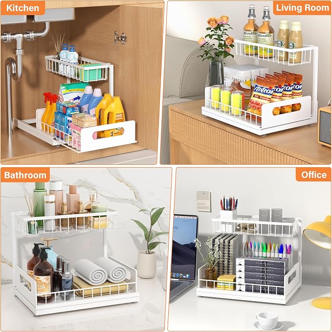 Under Sink Organizer, 2-Tier Pull-Out Metal Drawer, 2 Pack | White metal 2-pack with lower pull-out drawers and fixed upper baskets for kitchen, bathroom and cabinet storage