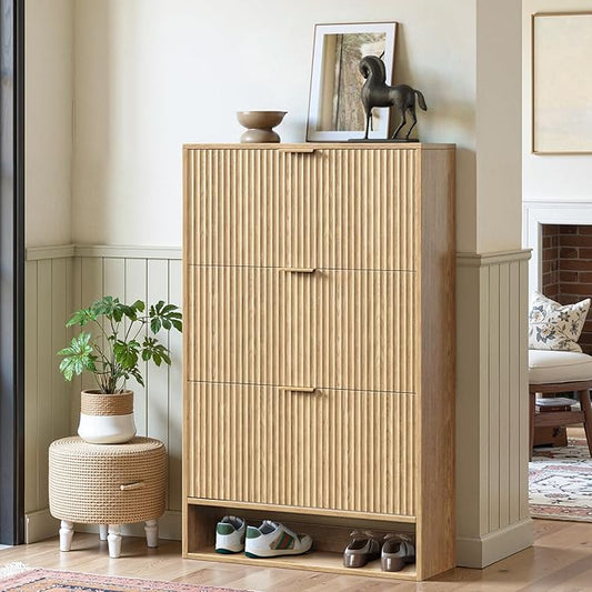 Hootata Oak Tall Shoe Storage Cabinet for Entryway with 3 Flip Drawers, Fluted Slim Shoe Cabinet, Free Standing Wooden Shoes Organizer for Foyer, Hallway