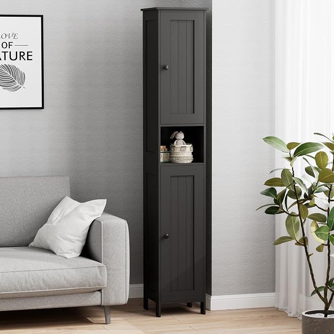 Homleke Tall Bathroom Storage Cabinet with 2 Doors, Slim Bathroom Cabinet | Narrow Storage Cabinet with Adjustable Shelves, Anti-Tip Design, Reversible Door, Easy Assembly, Black, 11.8''W