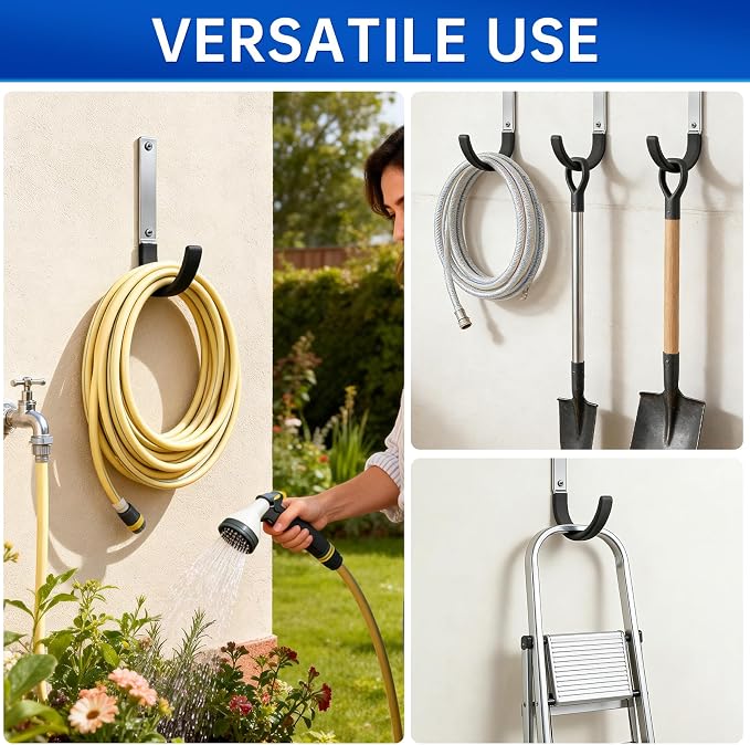 GeeWatom Heavy Duty Steel Garage Hooks,Garage Storage Utility Hooks,Heavy Duty Garage Garden Tool Organizer,Steel Wall Mount Hooks, Garden Hose Hanger, Black U Hooks (Dark Brown-4PC)