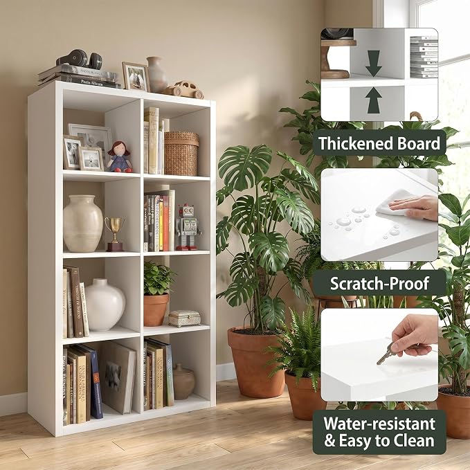 WannabeMyself【2026 Wooden Thick Frame】 8 Cube Storage Organizer with Anti-Tipping Kits, Reversible Open Back Book Shelf,Bookcase for Living Room,Bedroom,Entrance Hall,Office,11.6×48×24.6,White