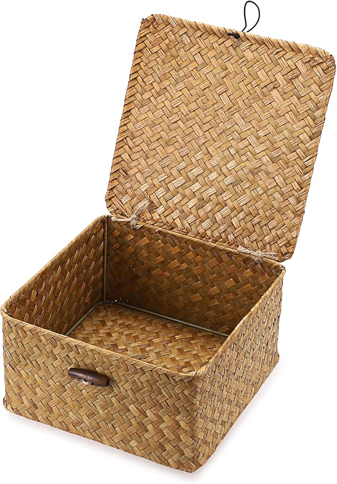 Hipiwe Handwoven Wicker Shelf Basket Bin with Lid Decorative Baskets Box | Multipurpose Seagrass Baskets Organizer, Square Household Storage Basket for Shelf Living Room Bathroom, Small Caramel