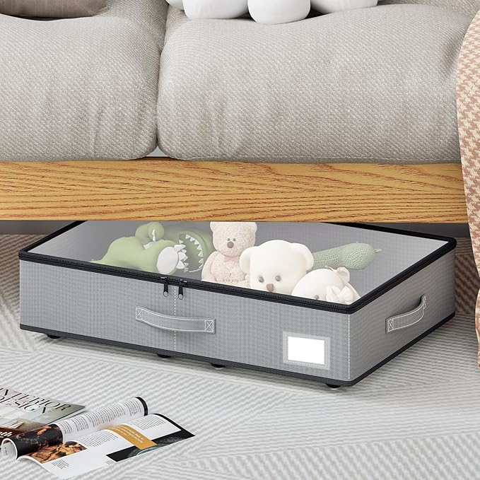 EE-RoomWorld Under Bed Storage with Wheels, No Assemble Required 5.5 inches height grey under bed storage bins,Low Profile Rolling Underbed Shoe Storage containers，dorm underbed storage drawers