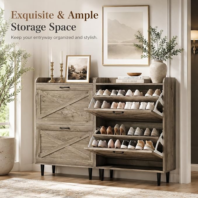 VINGLI Shoe Storage Cabinet for Entryway with 2 Flip Drawers, Ultra Slim Freestanding Entryway Shoe Organizer with Wood Tapered Legs,Hidden Closed Shoe Rack,31.6" W * 9.4" D * 39.4" H, Grey Oak