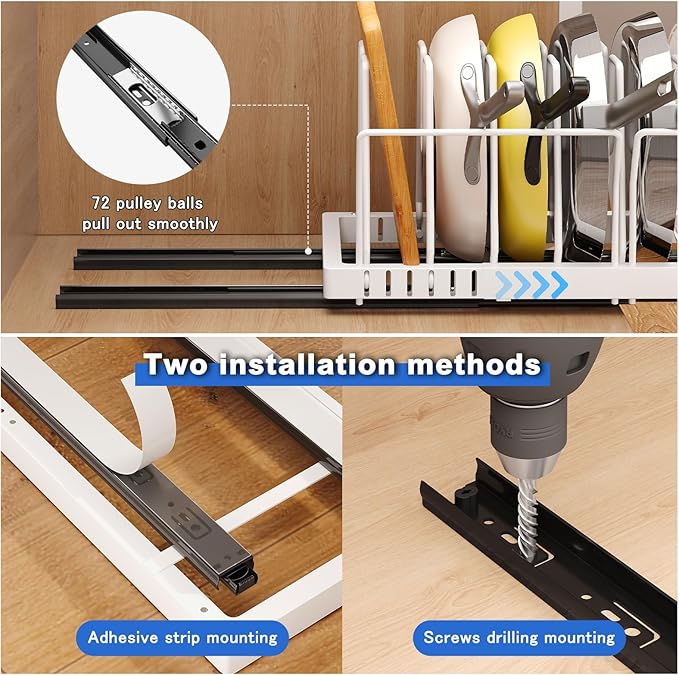 Mustorn 2 Pack Pots and Pans Organizer Under Cabinet, 21.6" Deep Pull Out Pot Lid Organizer Holder with Guardrail Adhesive Pot and Pan Holder Rack with 10 Adjustable Dividers(White)