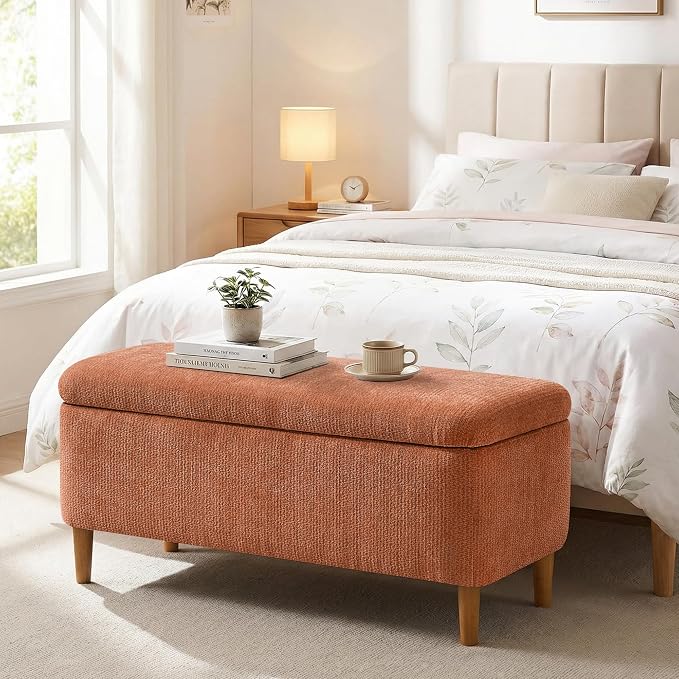 39.4" Ottoman with Storage Upholstered Storage Bench for Living Room | Modern Fabric End of Bed Bench Footstool with Wooden Legs Ottoman Bench for Window Hallway Entryway Bedroom Orange