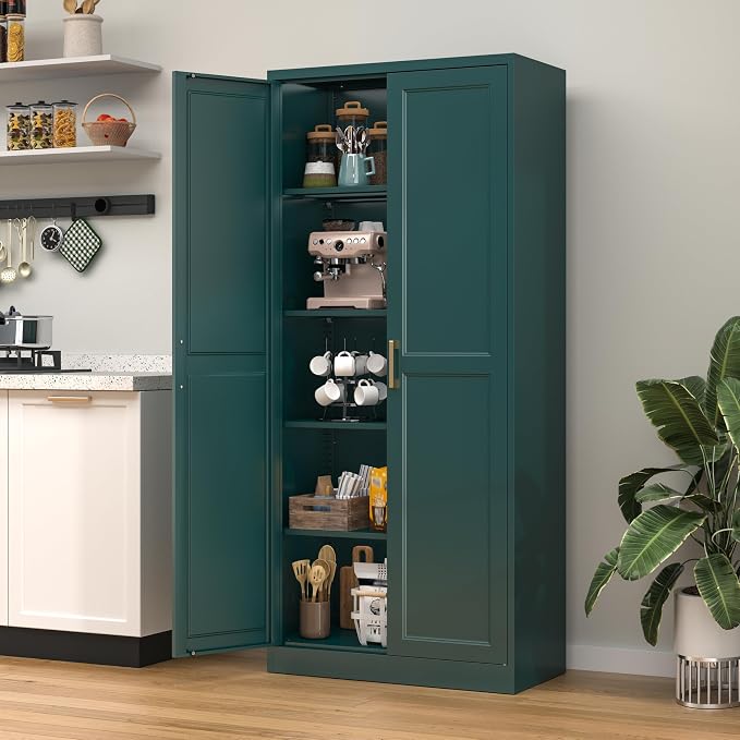 71" Tall Green Metal Storage Cabinet with Doors, Heavy Duty | Freestanding Steel Kitchen Pantry Cabinet, 4 Adjustable Shelves (180 Lbs Load), Tall Cabinets for Home, Laundry and Bathroom