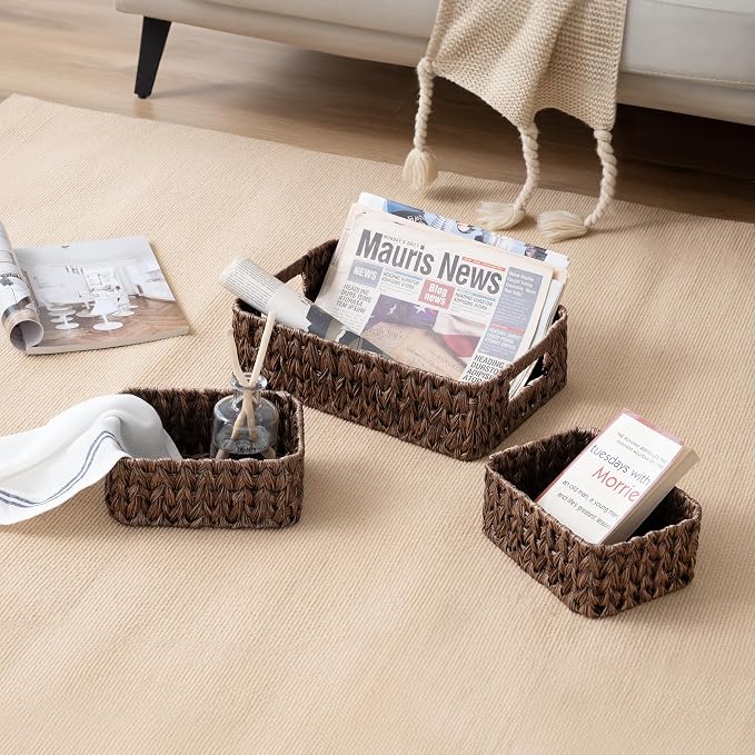 Granny Says Small Wicker Baskets For Shelves, Wicker Baskets For Storage | Small Woven Storage Baskets for Shelf, Rattan Basket For Organizing, Wicker Basket Set, 3-Pack Small Waterproof Baskets