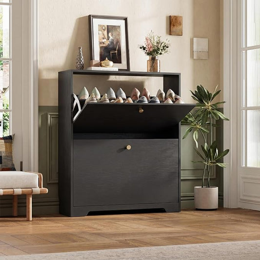 Nicetree Shoe Cabinet with 2 Flip Drawers, Narrow Shoe Organizer Cabinet, Freestanding Shoe Rack Cabinet, Modern Shoe Storage Cabinet for Entryway, Hallway, Foyer, Black
