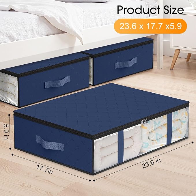 StorageRight Under Bed Storage Bags, 8 Pack, 40L, Blue | Breathable Non-Woven Fabric with a Clear Window and Zippered Top for Clothes, Comforters, Blankets and Seasonal Storage