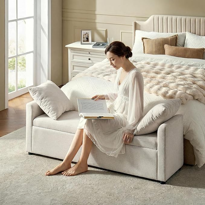 HULALA HOME 59" Storage Bench with 2 Throw Pillows & Armrests, Linen | Modern Long Bedroom Bench for End of Bed, Comfy Upholstered Fabric Footstool for Entryway Living Room
