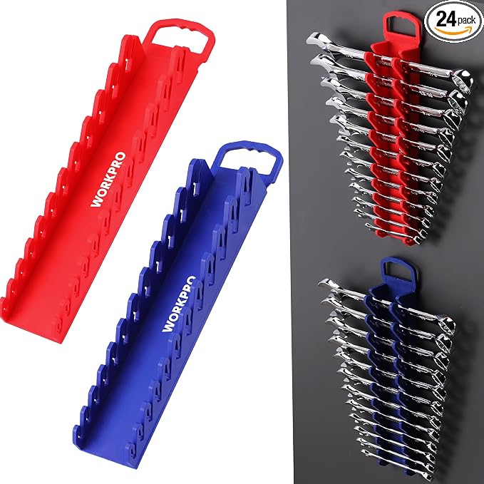 WORKPRO 2-Pack Magnetic Wrench Organizer, 12-Piece Gripper Wrench Holder | Suitable Stubby or Line Wrenches, Fits SAE (1/4" to 15/16") and Metric (6mm to 24mm), Flexible Teeth