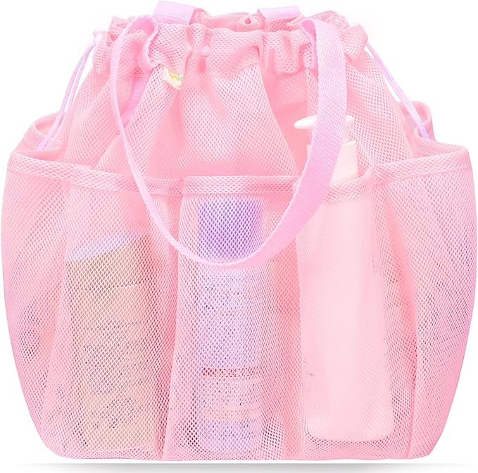famichan Mesh Shower Caddy Portable with Drawstring, Dorm Room Essentials for College Students Girls, Large Shower Bag for Camping,Swimming,Gym,Travel,Bathroom - Pink
