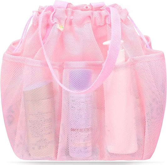 famichan Mesh Shower Caddy Portable with Drawstring, Dorm Room Essentials for College Students Girls, Large Shower Bag for Camping,Swimming,Gym,Travel,Bathroom - Pink