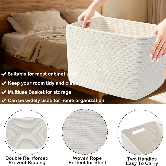 3 Pack Woven Baskets,Storage Baskets for Shelves with Handles | 13.5"×11"×9.5",Closet Baskets,Gift Basket,Nursery Organizer for Toys Towels Books,Storage Bin for Living Room Bedroom-White