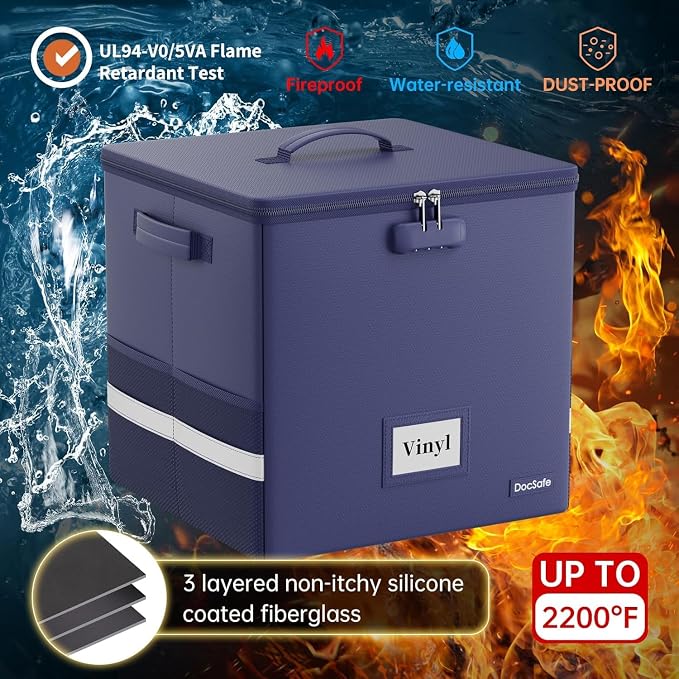 DocSafe Vinyl Record Storage Box with Lock,Fireproof Record Organizer Storage for 100+ Single Records(12-inch), Collapsible Storage Crate with Lid & Handles for Valuable Album Collection,Blue,2 Pack