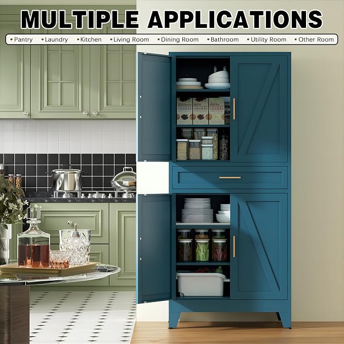COFaR Farmhouse Storage Kitchen Pantry Cabinet with 4 Barn Door, 4 Adjustable Shelves, Drawer and Legs, for Cupboard/Dining Room/Bathroom/Living Room/Office/Laundry Room(Blue Green, 71" Metal Cabinet)