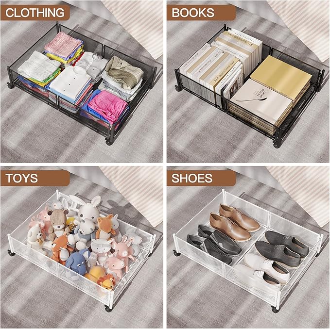 Gawerk Under Bed Storage with Wheels, Foldable Metal Mesh Underbed Storage Container Bins, Tool-free Assembly Clothes Drawer Organizer, 2Pack
