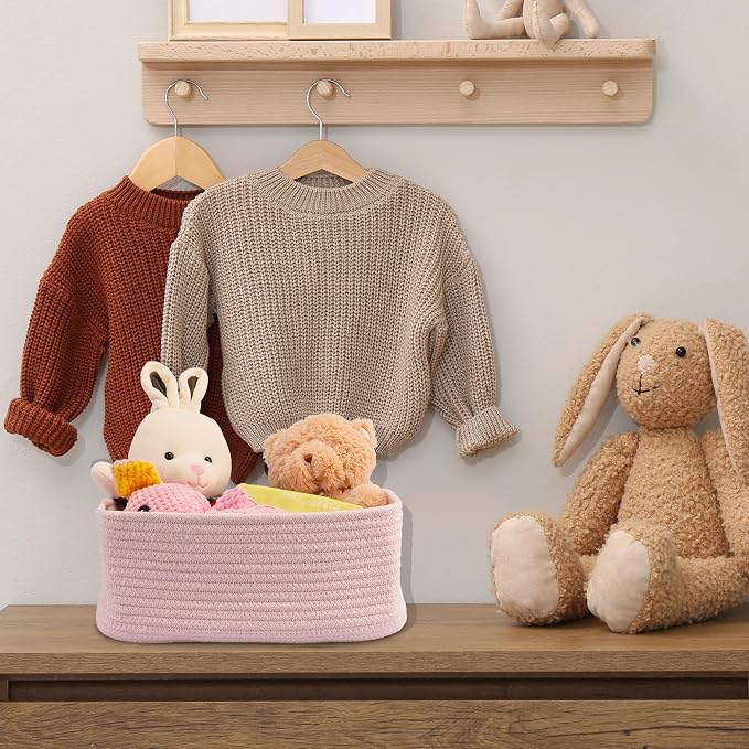 XUANGUO Small Woven Storage Baskets for Shelves, 13" x 9" x 5", Pink | Decorative rope storage bins for closets and toy storage; cute organizer baskets, empty gift baskets and nursery storage.