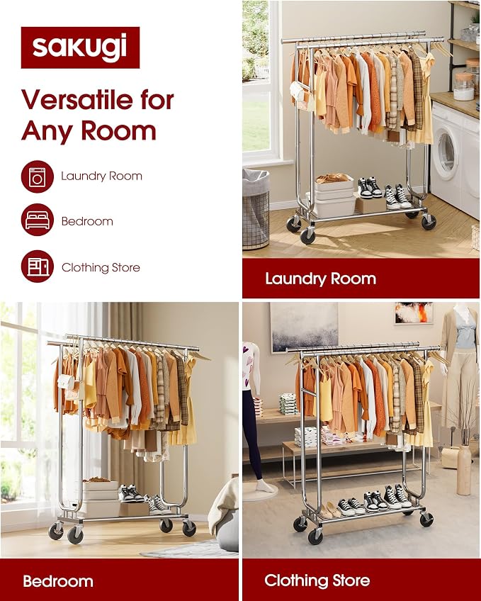 Sakugi Heavy Duty Stainless Steel Rolling Clothes Rack with Mesh Shelf, Lockable Wheels & Anti-Slip Stoppers, Large Capacity Clothing Organizer for Bedroom, Laundry Room, 43.5" x 16.5" x 65.9", Silver
