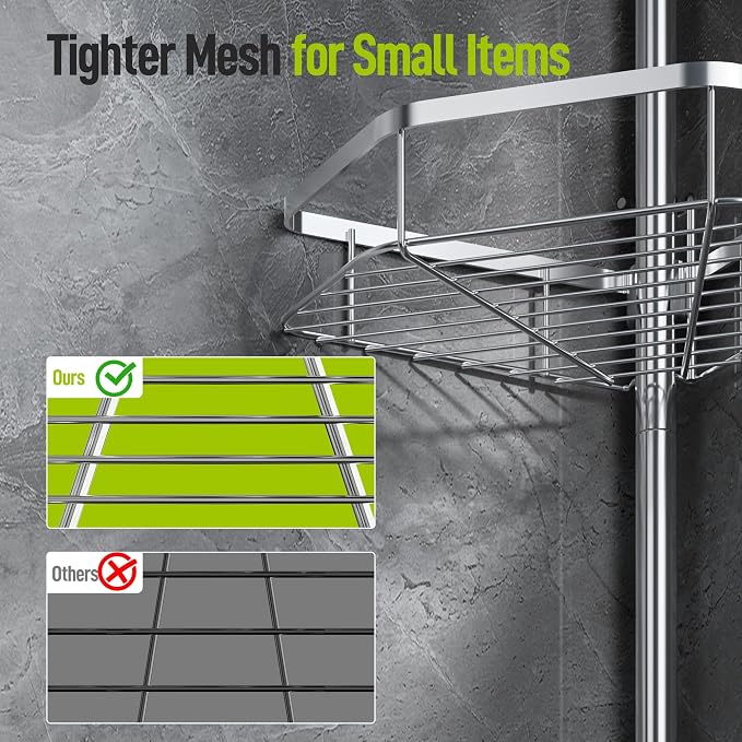 LAMU Stainless Steel Corner Shower Caddy Tension Pole,4-Tier Storage,Silver | Fits 37.8-124 in Heights, No Drilling, Strong Spring, 3 Adhesive Pads, 4 Hooks for Corner Shower Shelves, Bathroom & Bathtub